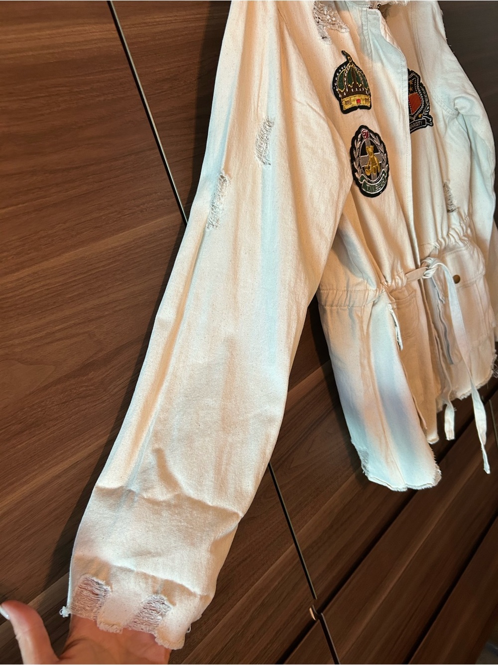 POL Cream Distressed Patch Utility Jacket with Drawstring Waist - Picture 3 of 11